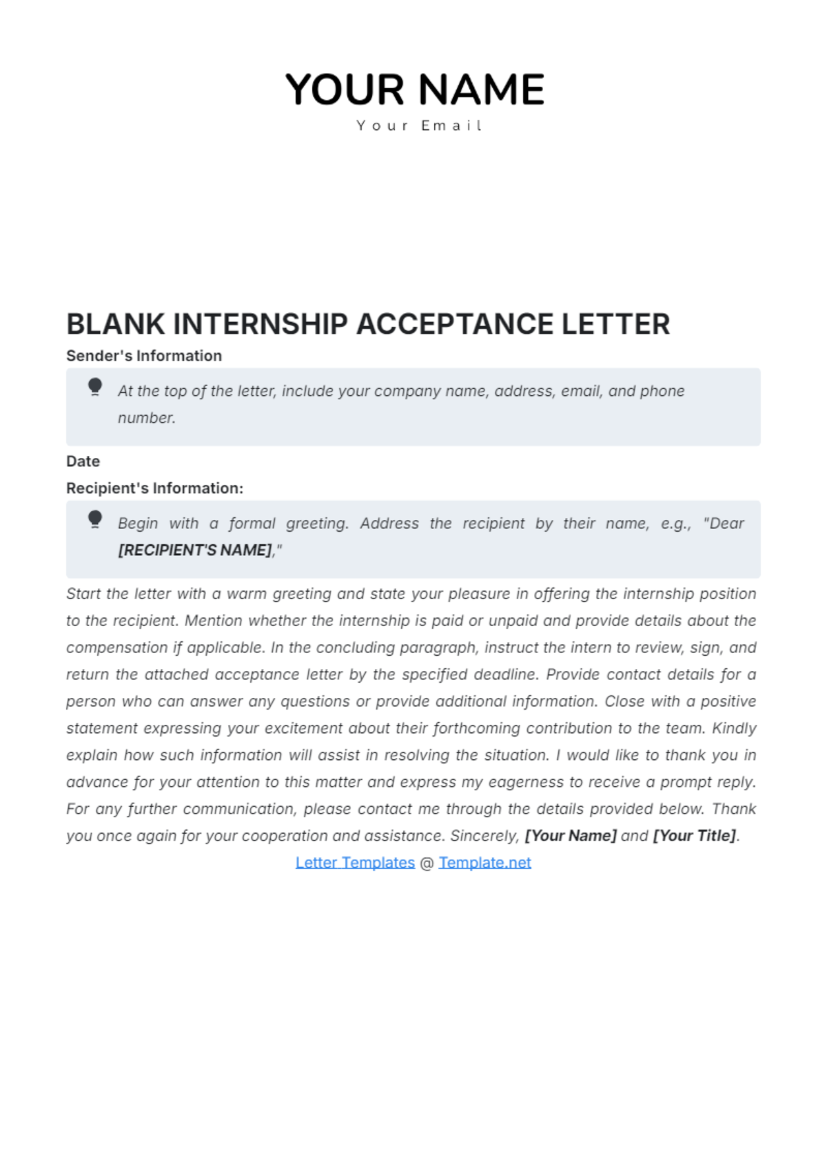 Blank Internship Acceptance Letter Template