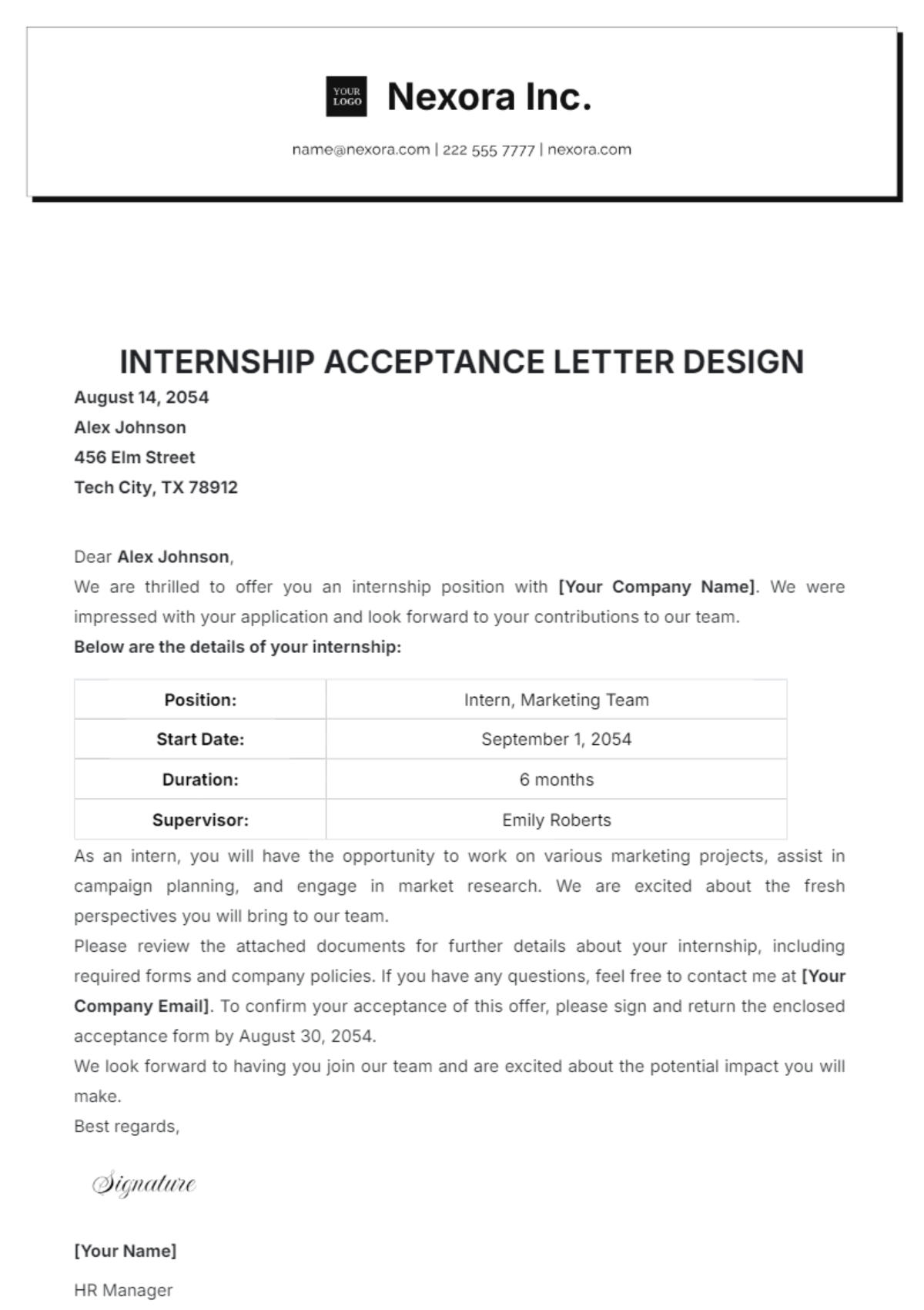 Internship Acceptance Letter Design Template