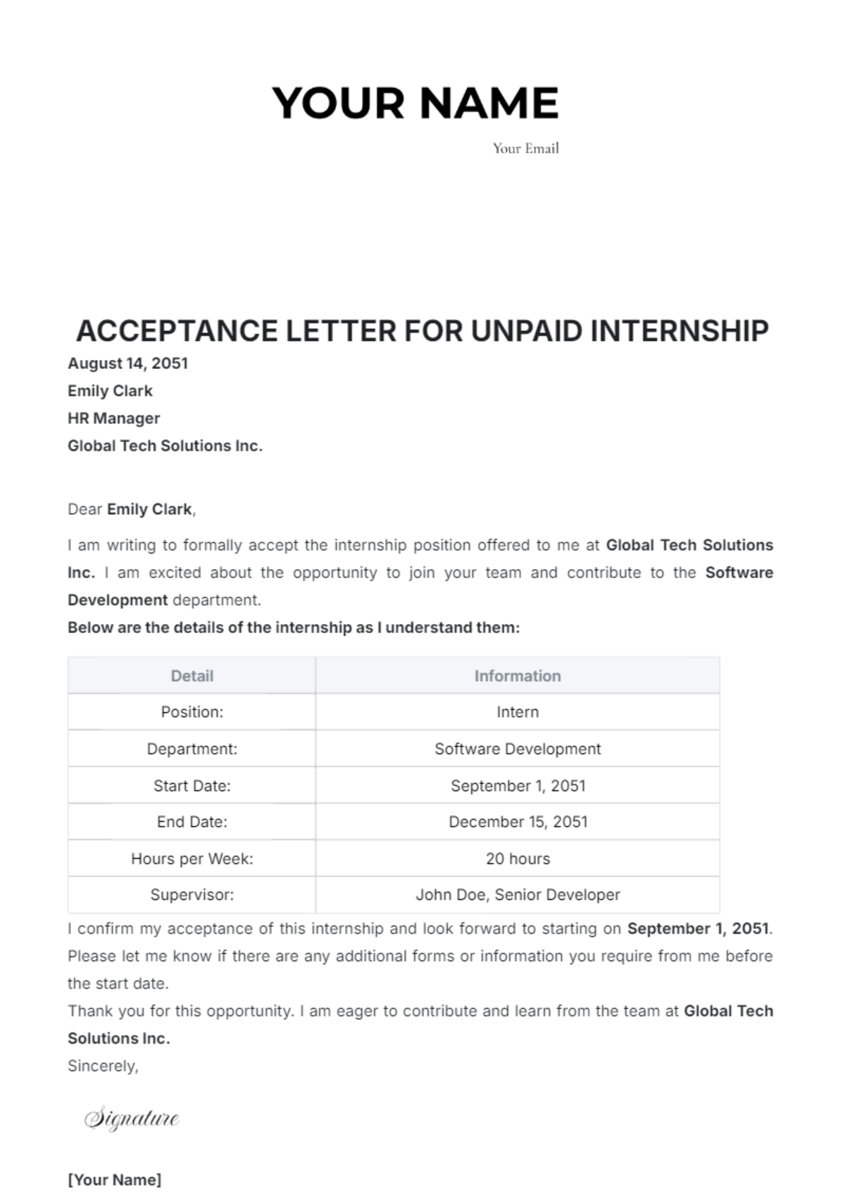 Free Acceptance Letter for Unpaid Internship Template - Edit Online ...