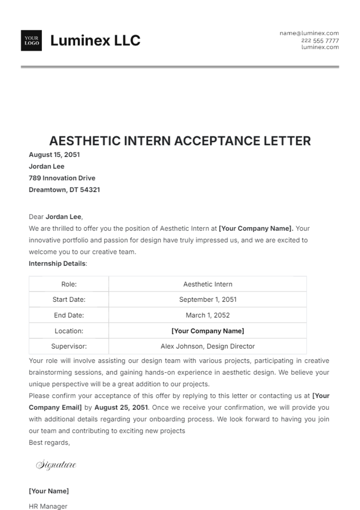 Aesthetic Intern Acceptance Letter Template