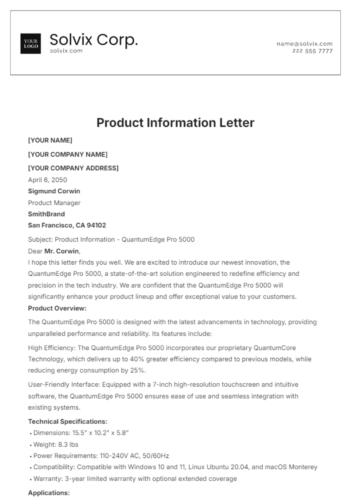 Product Information Letter Template