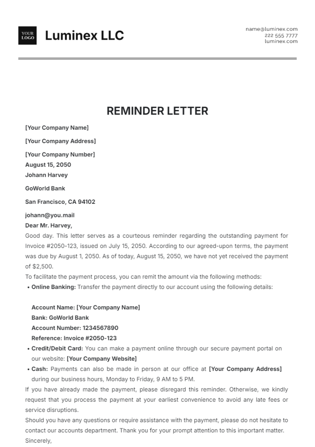 Reminder Letter Template