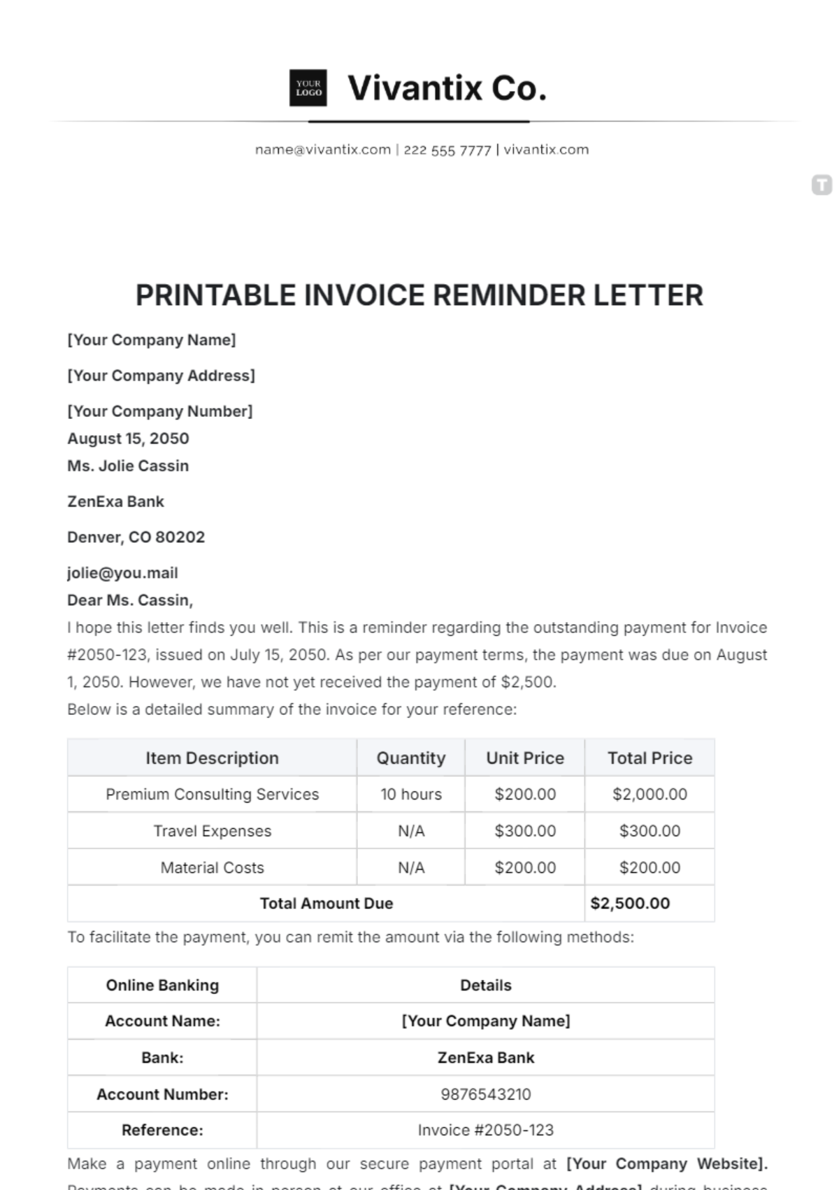 Printable Invoice Reminder Letter Template