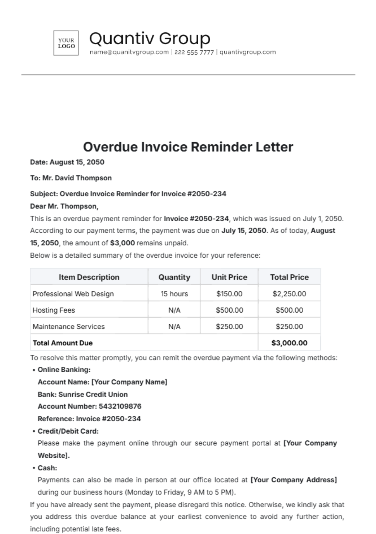 Overdue Invoice Reminder Letter Template - Edit Online & Download