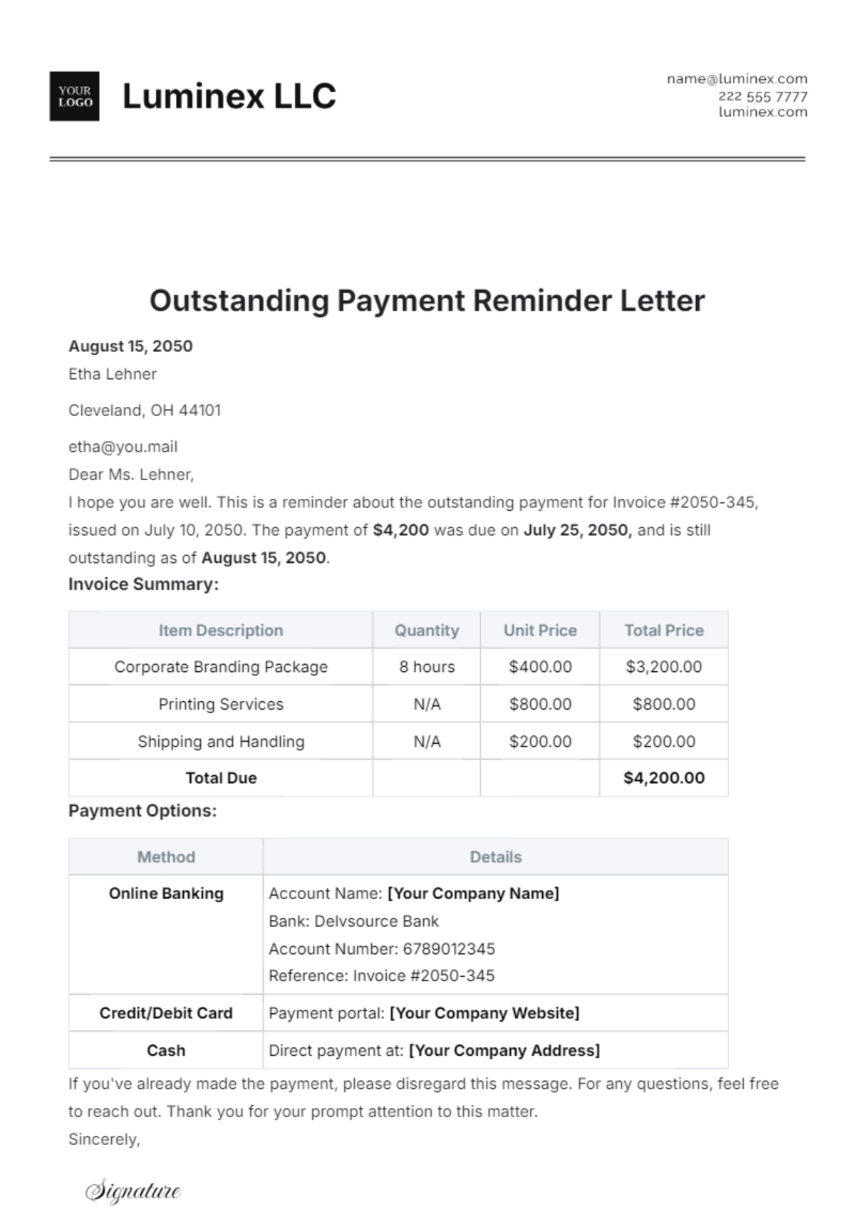 Outstanding Payment Reminder Letter Template - Edit Online & Download