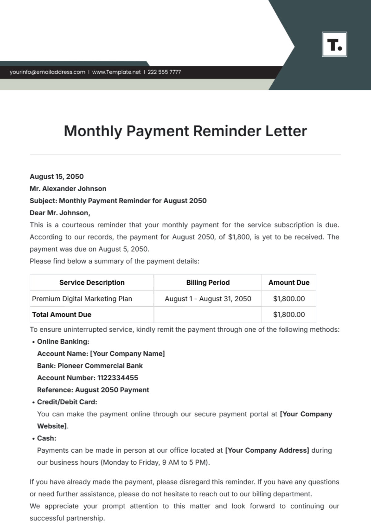 Monthly Payment Reminder Letter Template - Edit Online & Download