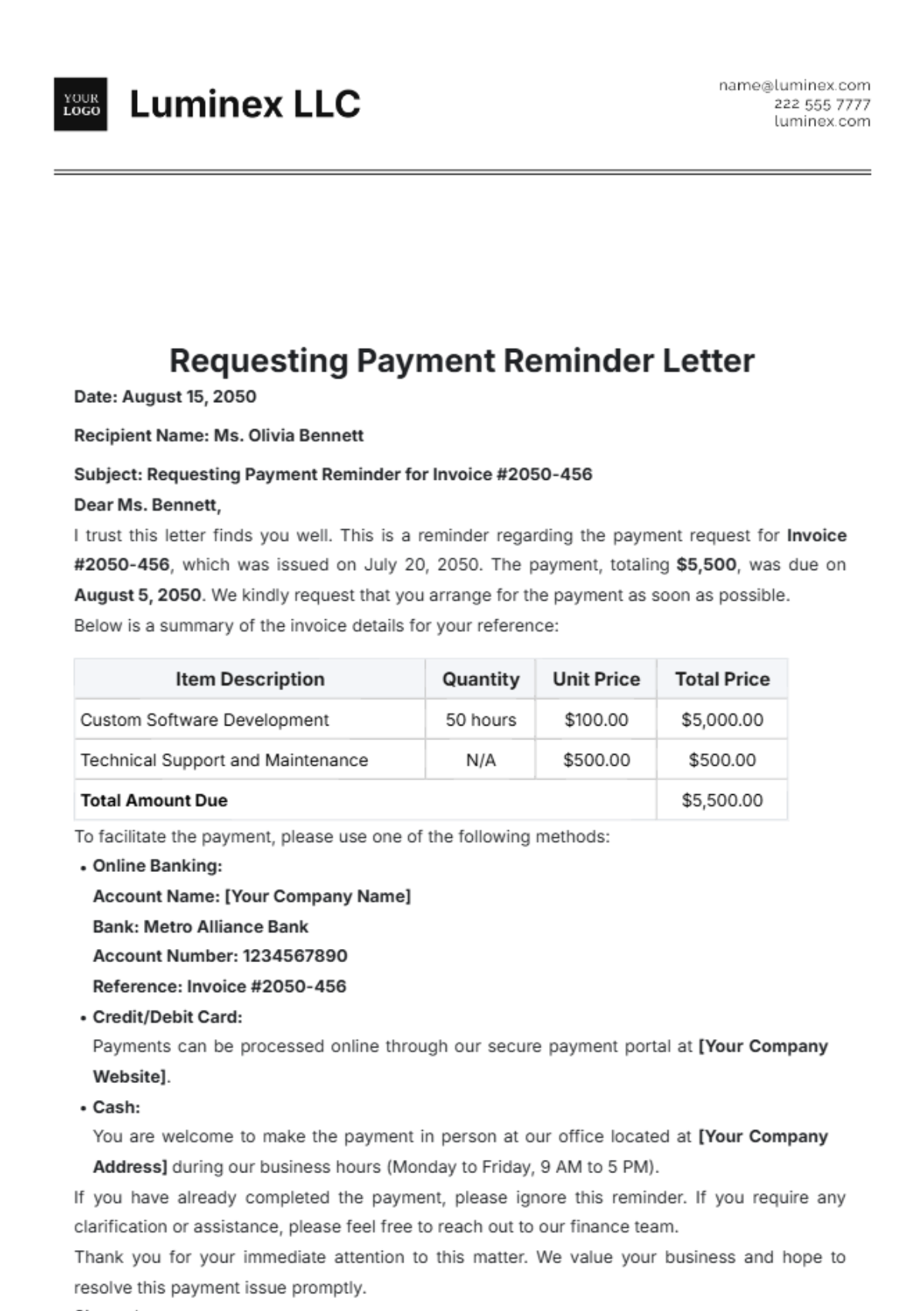 Requesting Payment Reminder Letter Template - Edit Online & Download