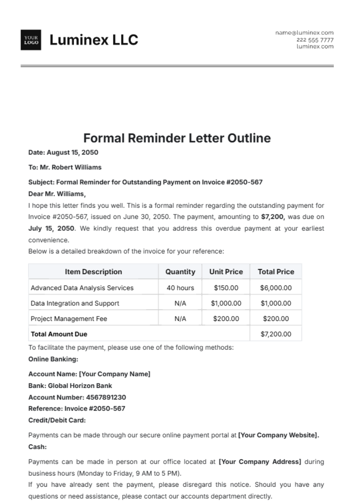 Formal Reminder Letter Outline Template - Edit Online & Download