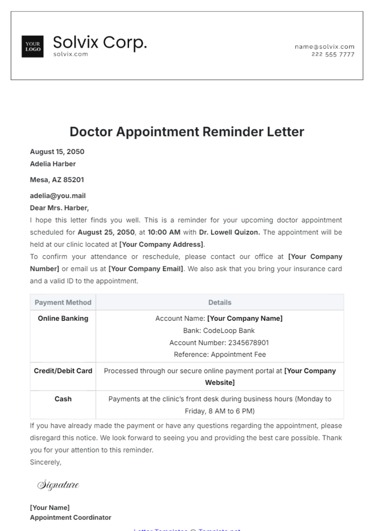 Doctor Appointment Reminder Letter Template - Edit Online & Download