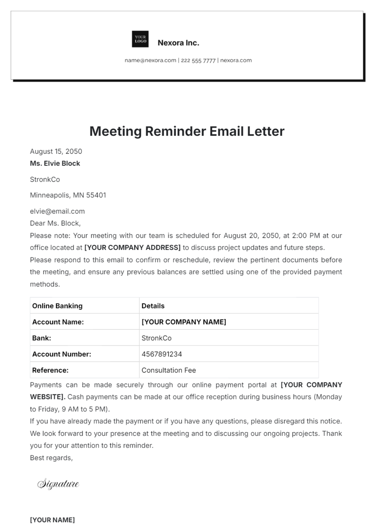 Meeting Reminder Email Letter Template - Edit Online & Download