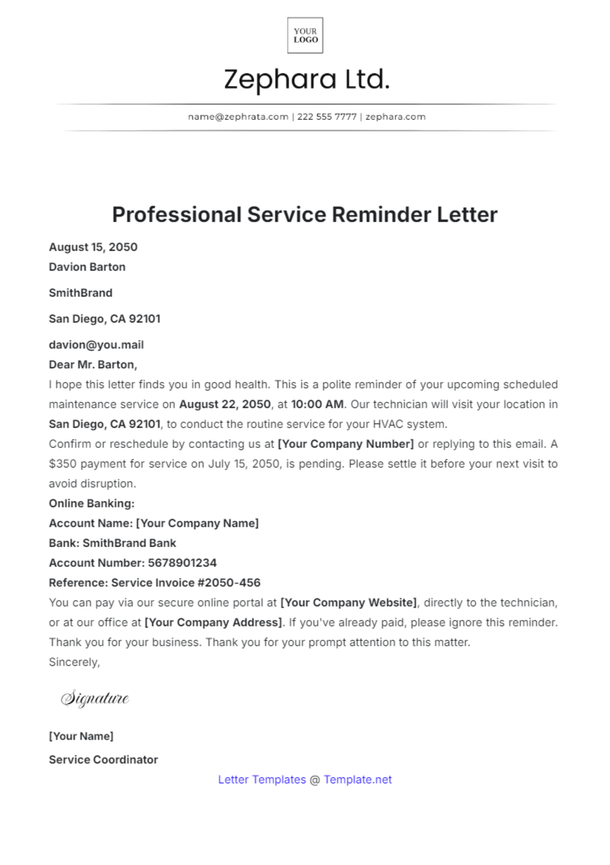 Professional Service Reminder Letter Template