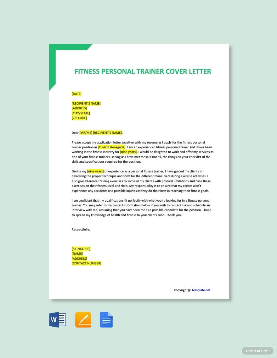 Fitness Personal Trainer Cover Letter