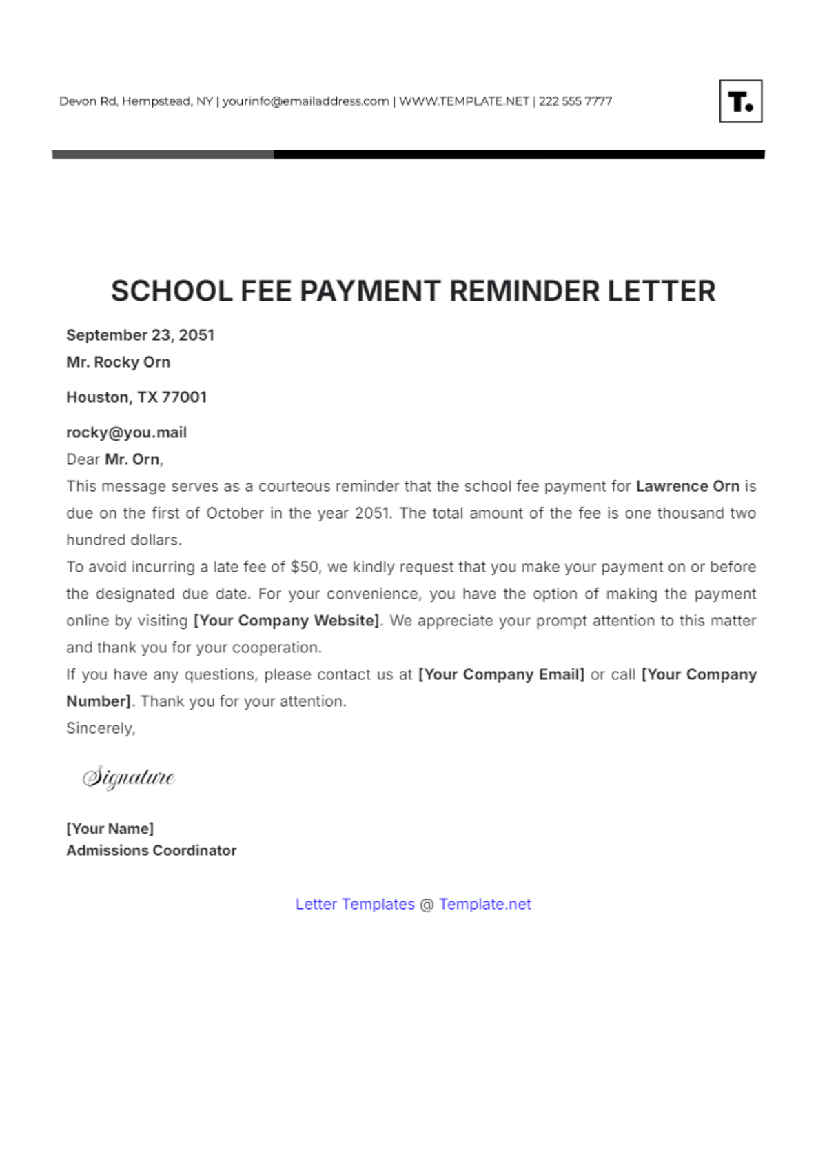 School Fee Payment Reminder Letter Template - Edit Online & Download