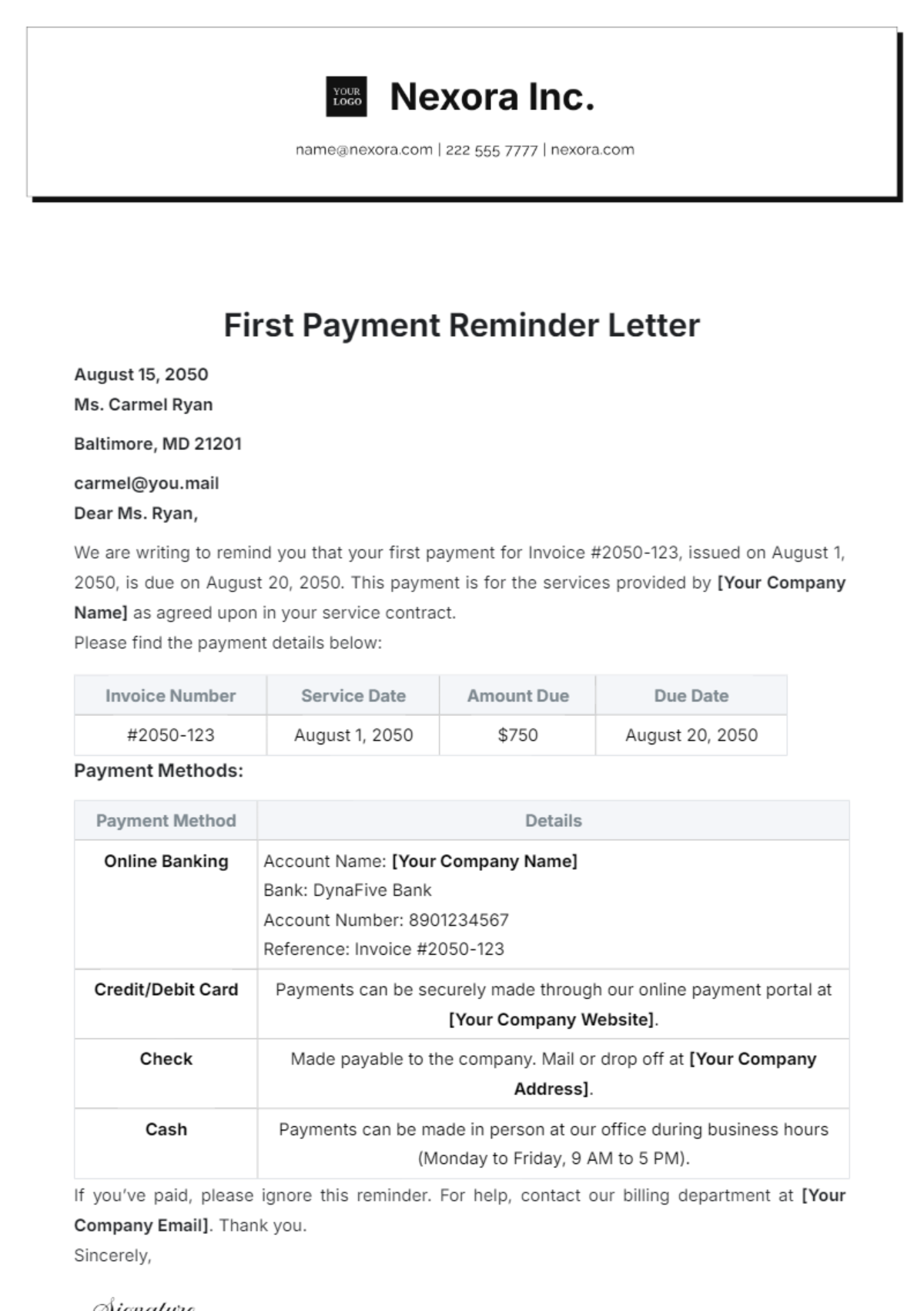 First Payment Reminder Letter Template - Edit Online & Download