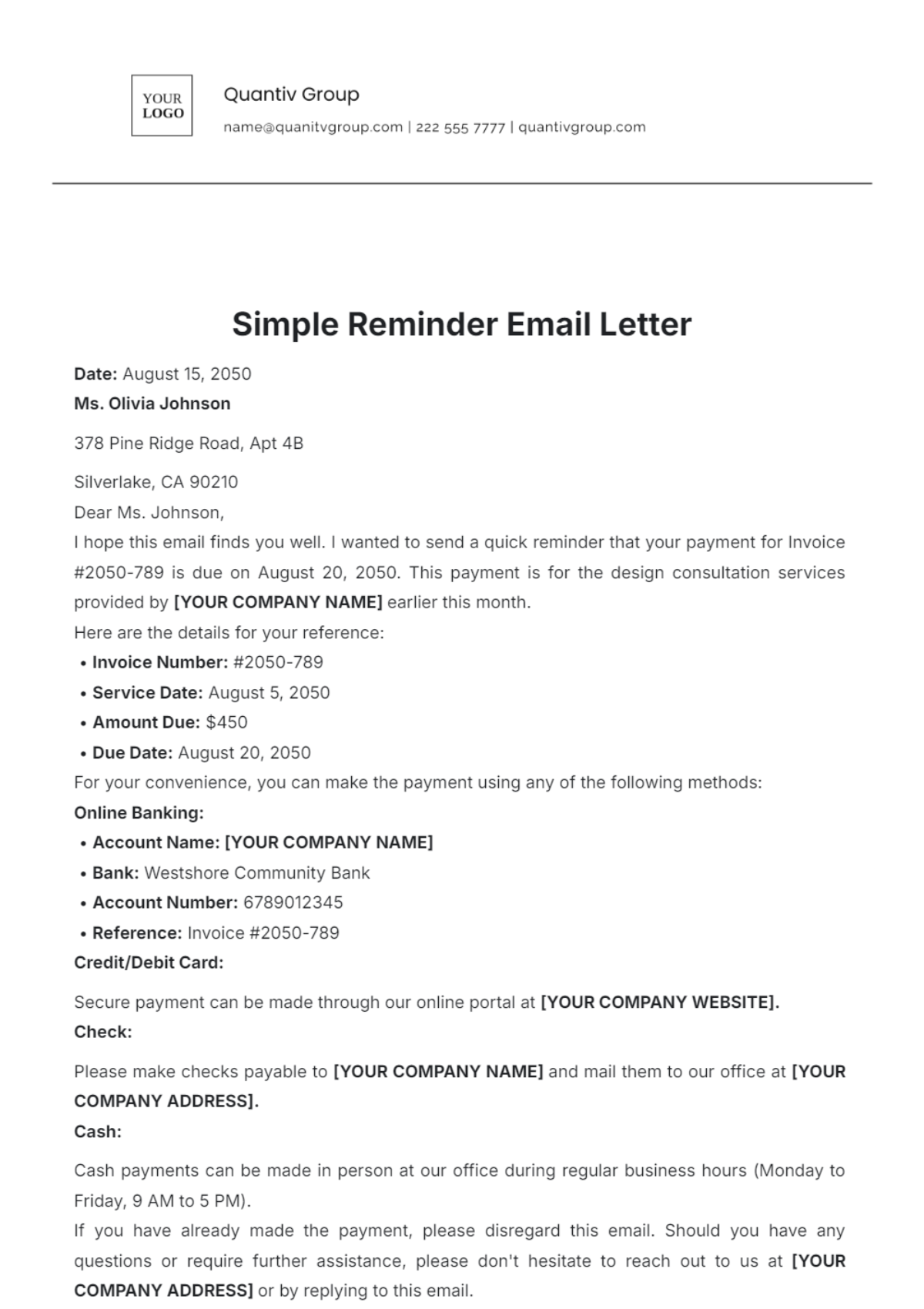 Simple Reminder Email Letter Template