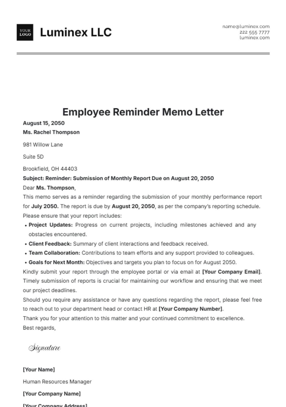 Employee Reminder Memo Letter Template - Edit Online & Download