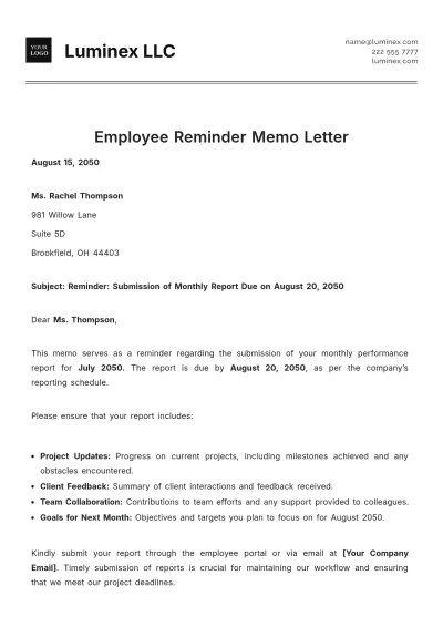 Free Employee Reminder Memo Letter Template to Edit Online