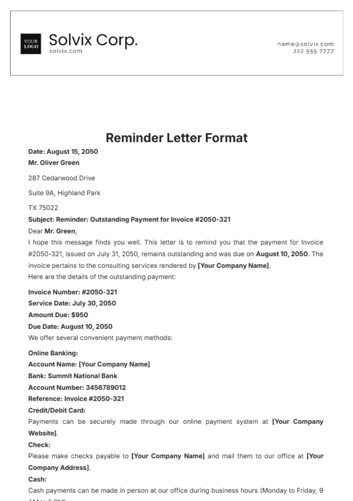 Reminder Letter Format Template - Edit Online & Download