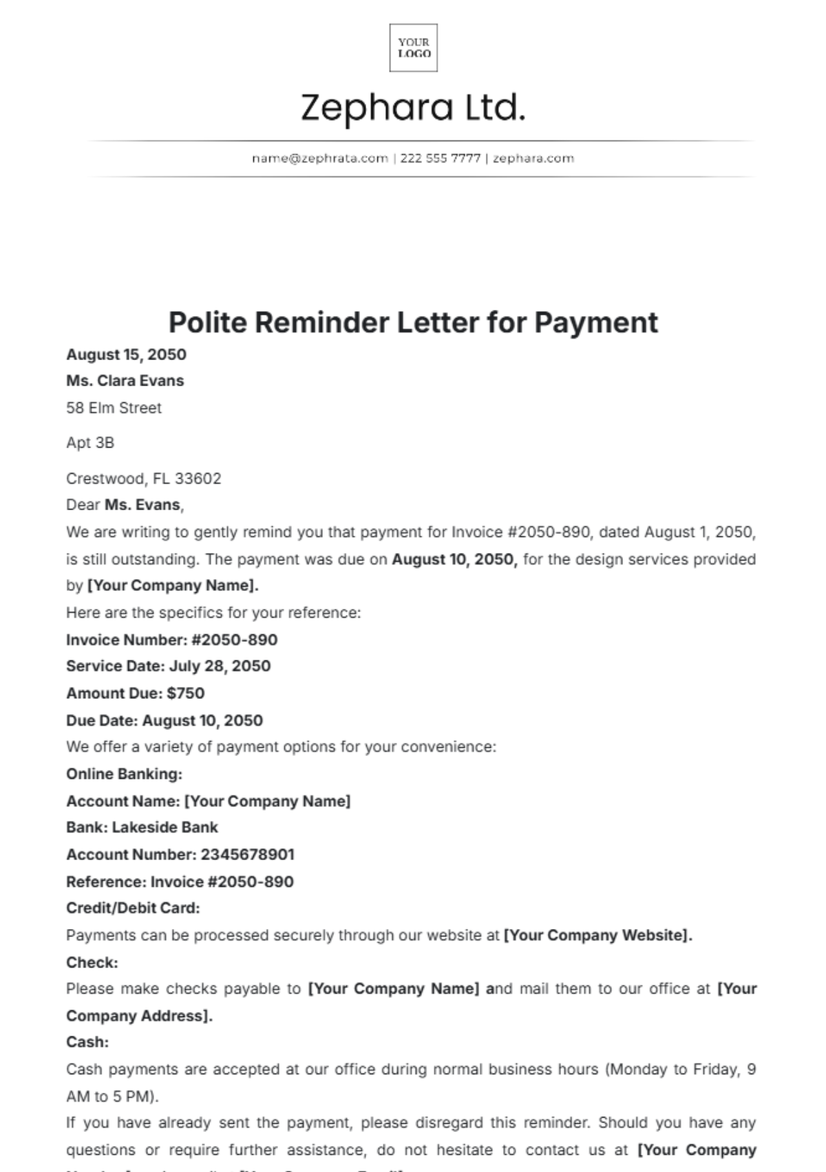 Polite Reminder Letter for Payment Template - Edit Online & Download