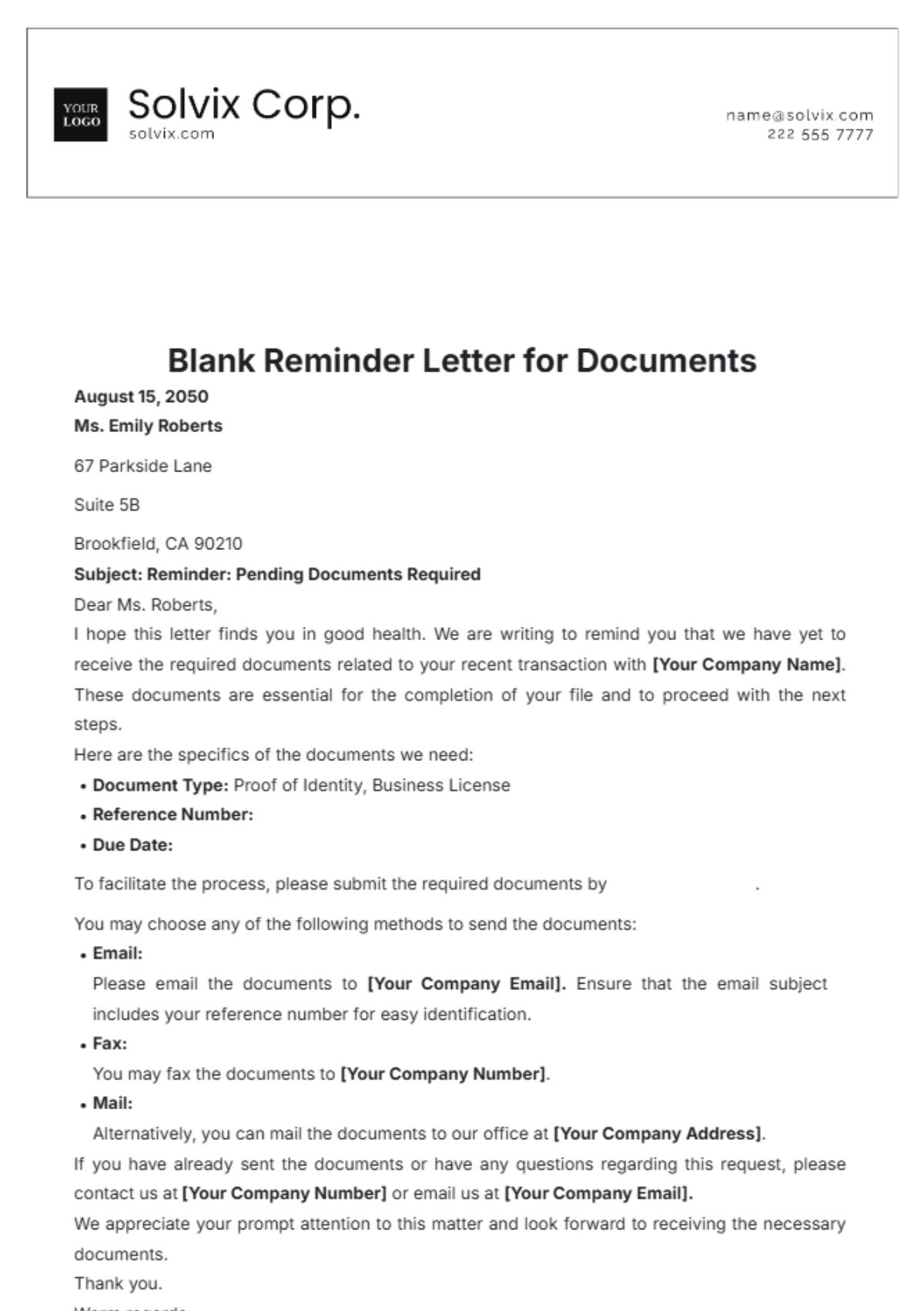 Blank Reminder Letter for Documents Template - Edit Online & Download