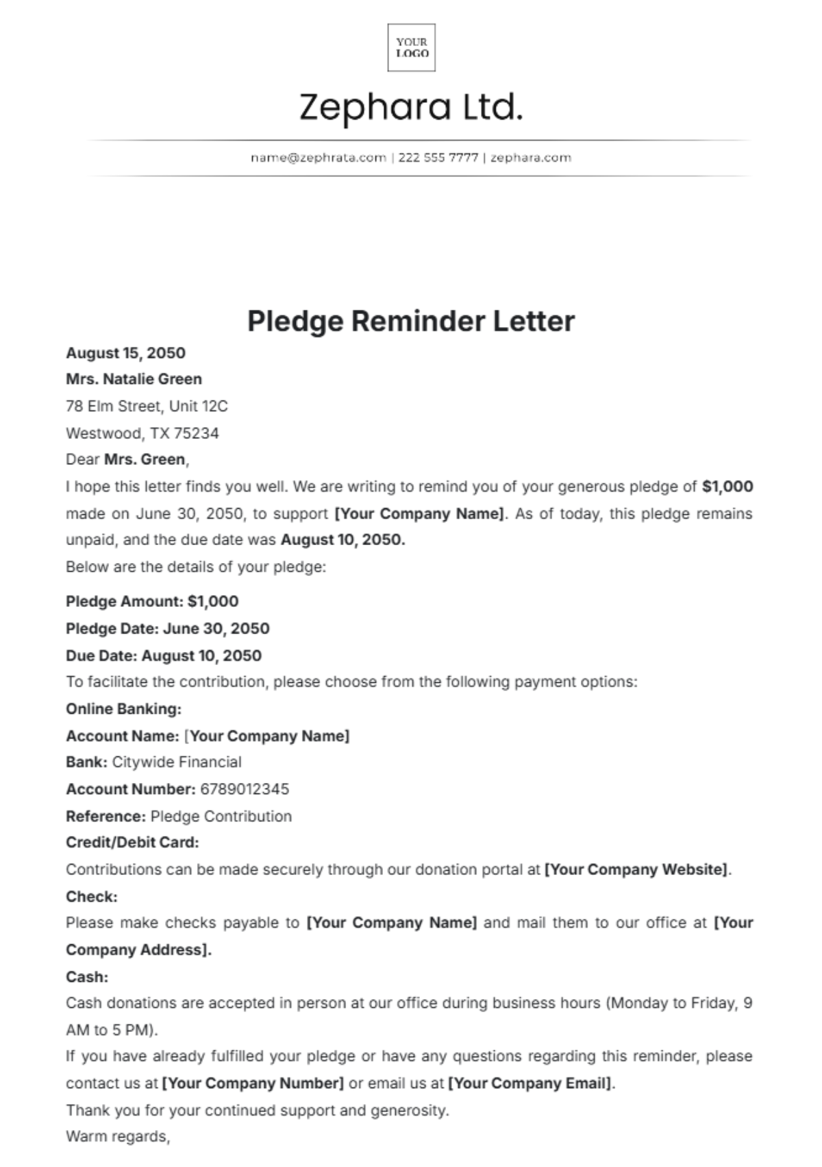 Pledge Reminder Letter Template - Edit Online & Download