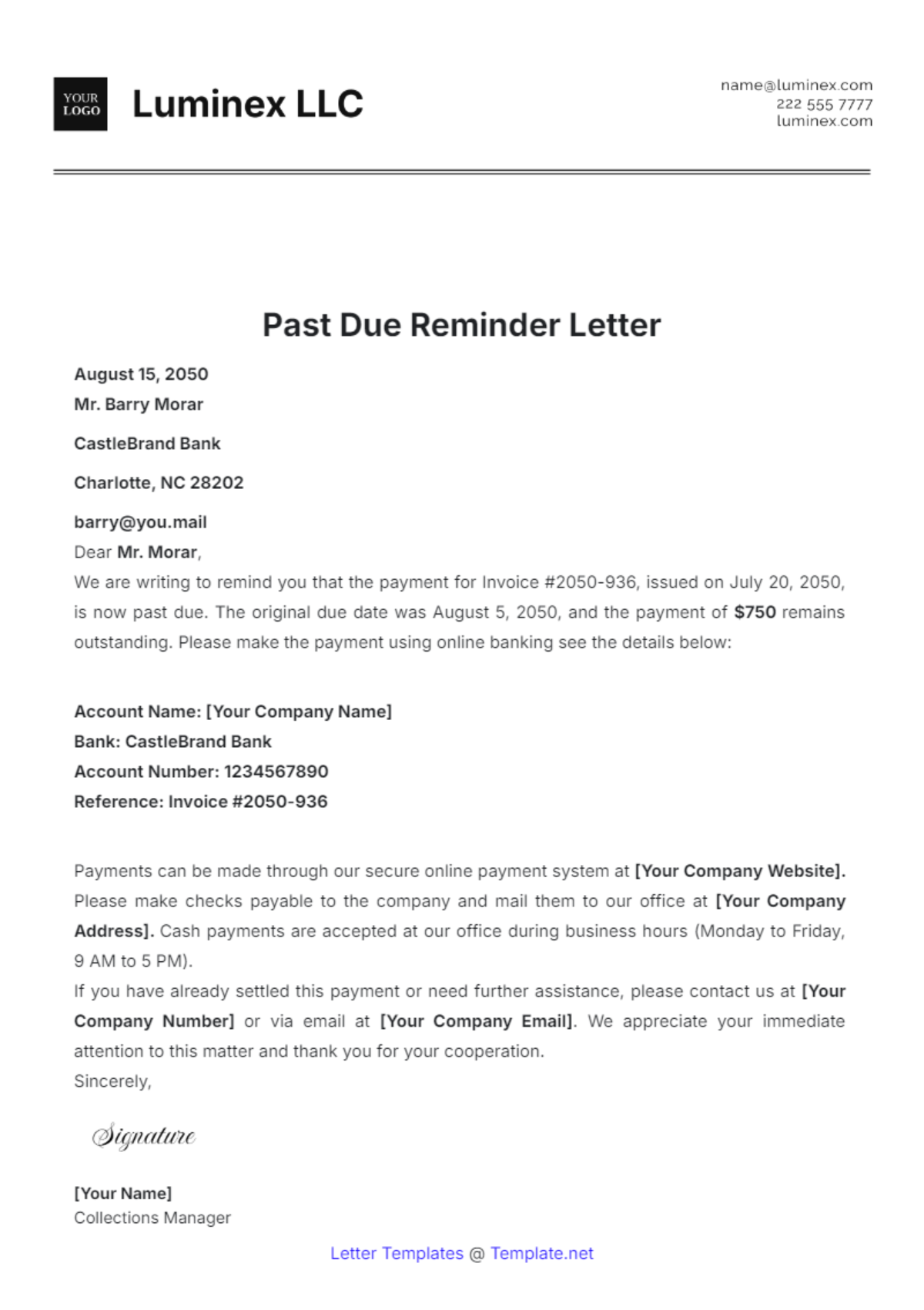 Past Due Reminder Letter Template - Edit Online & Download