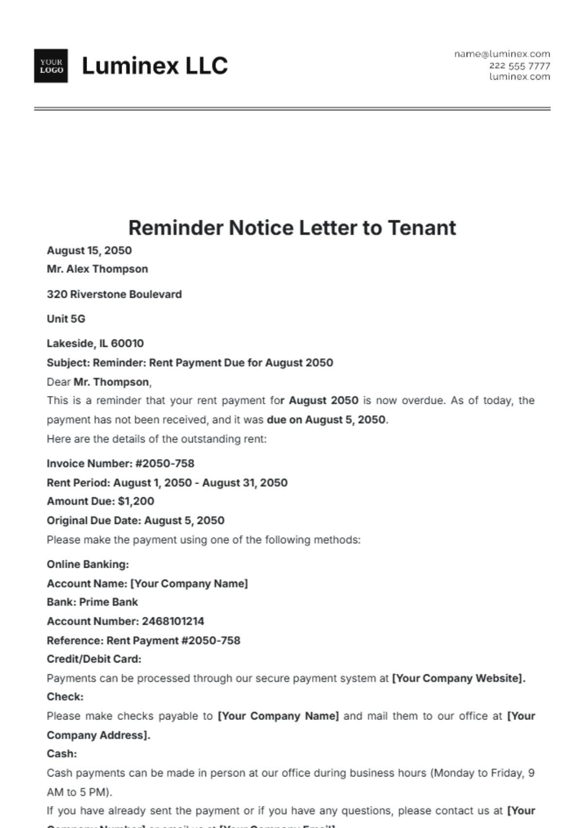 Reminder Notice Letter to Tenant Template - Edit Online & Download