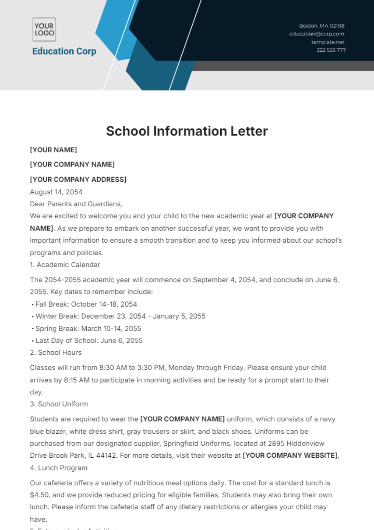 School Information Letter Template - Edit Online & Download