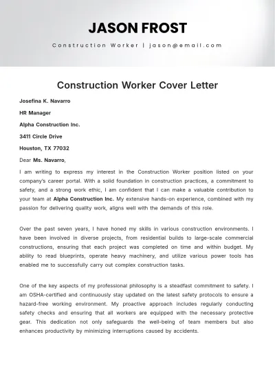 Free Construction Worker Cover Letter Template to Edit Online