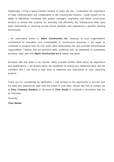 Free Construction Worker Cover Letter Template to Edit Online
