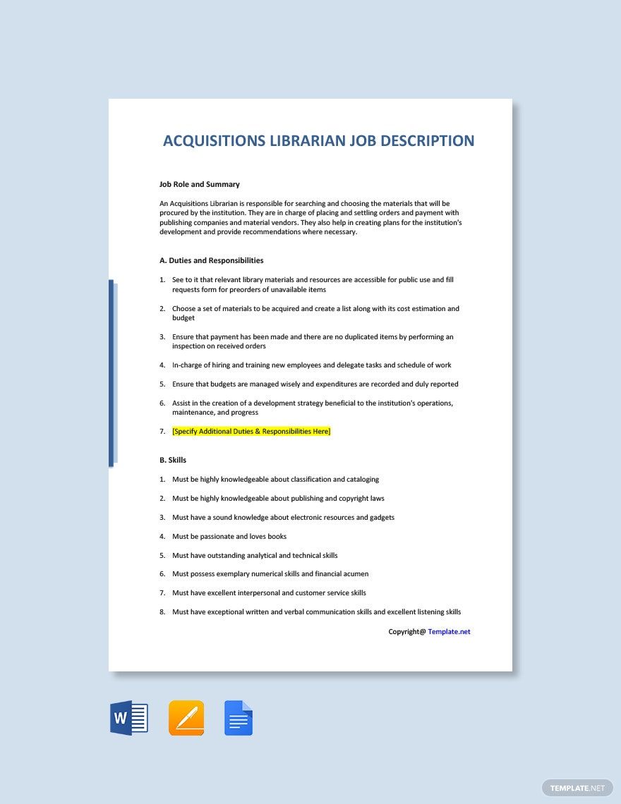 Acquisitions Librarian Job Ad and Description Template