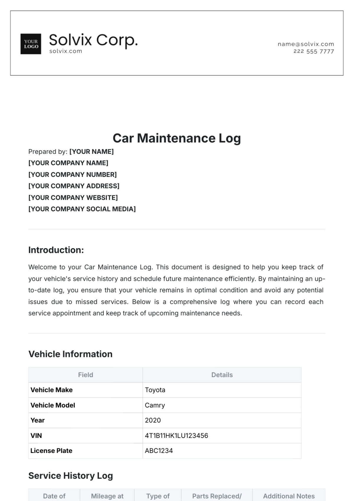 Car Maintenance Log Template - Edit Online & Download