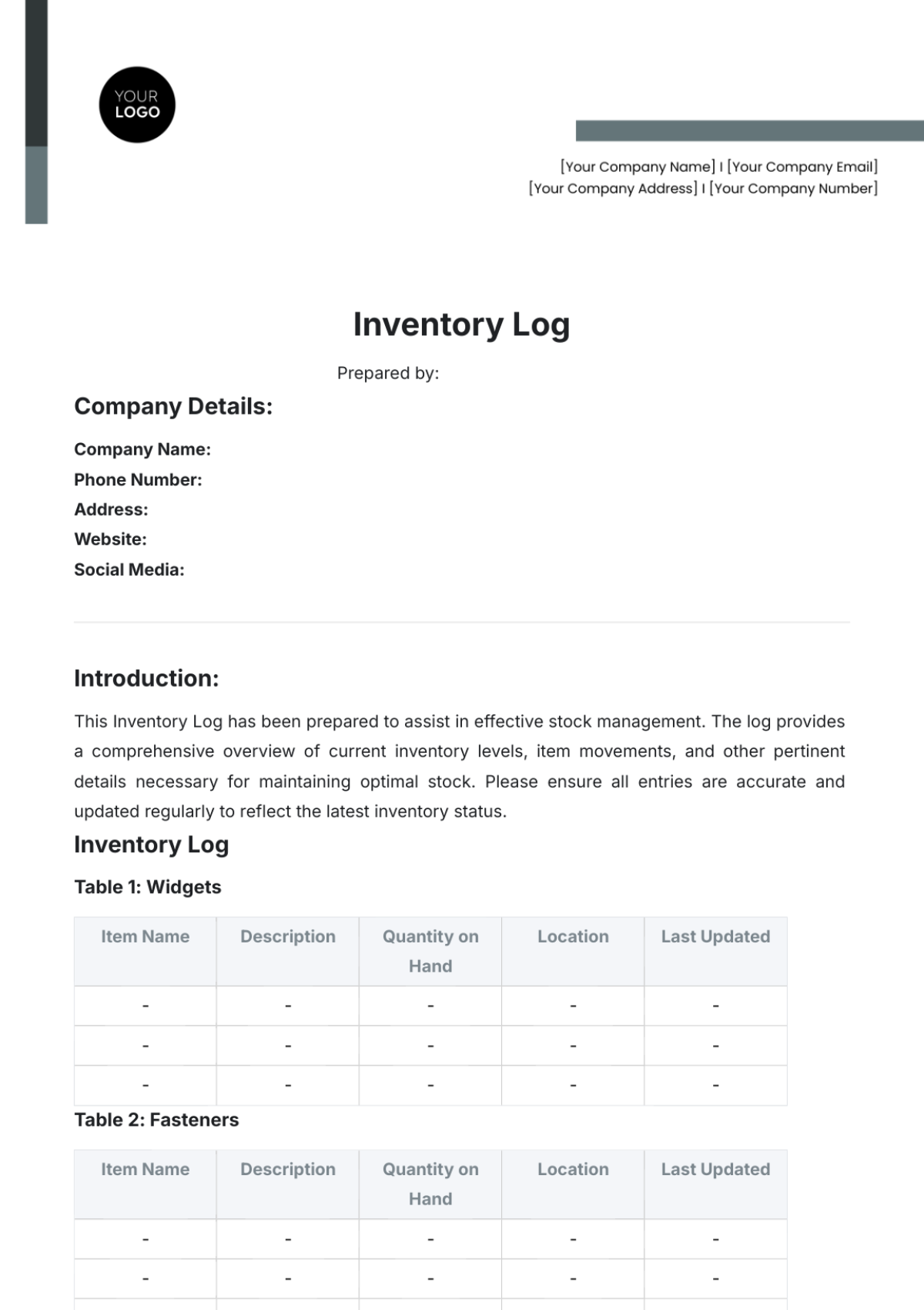 Blank Inventory Log Template