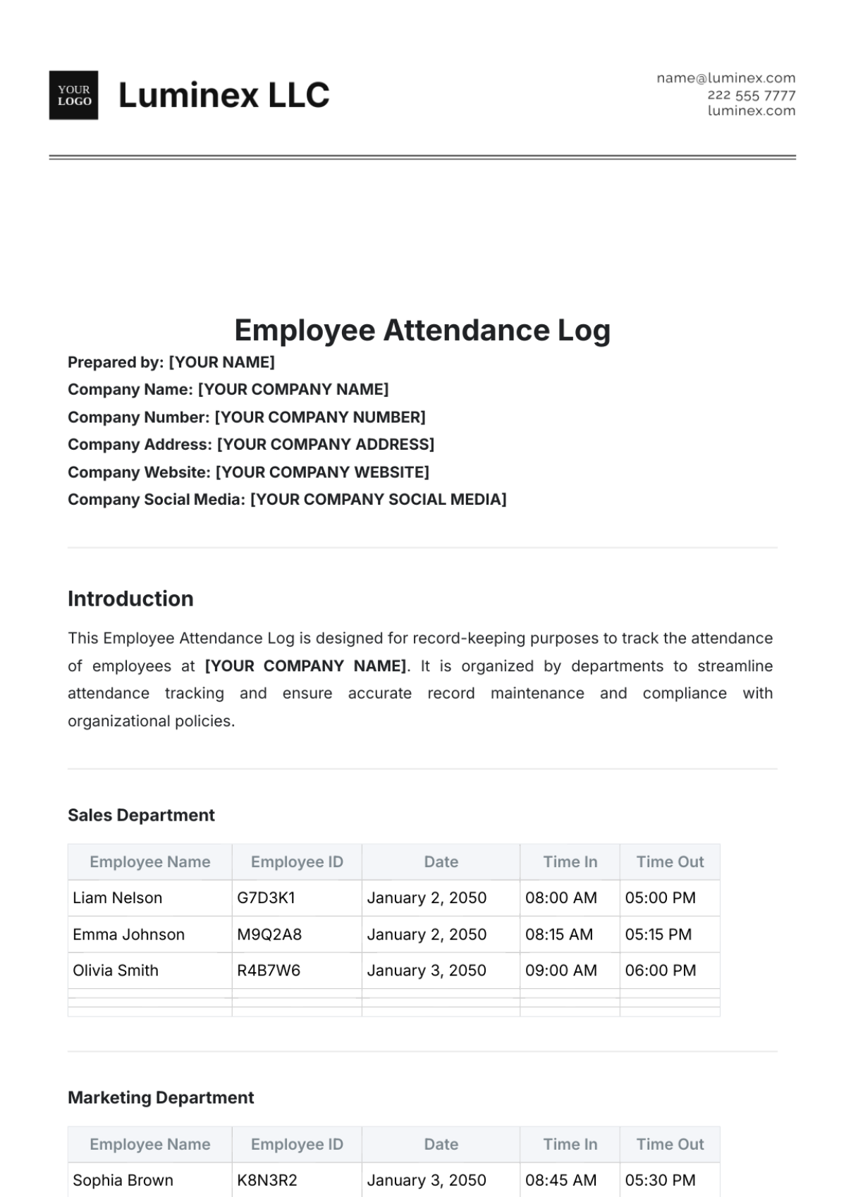 Employee Attendance Log Template