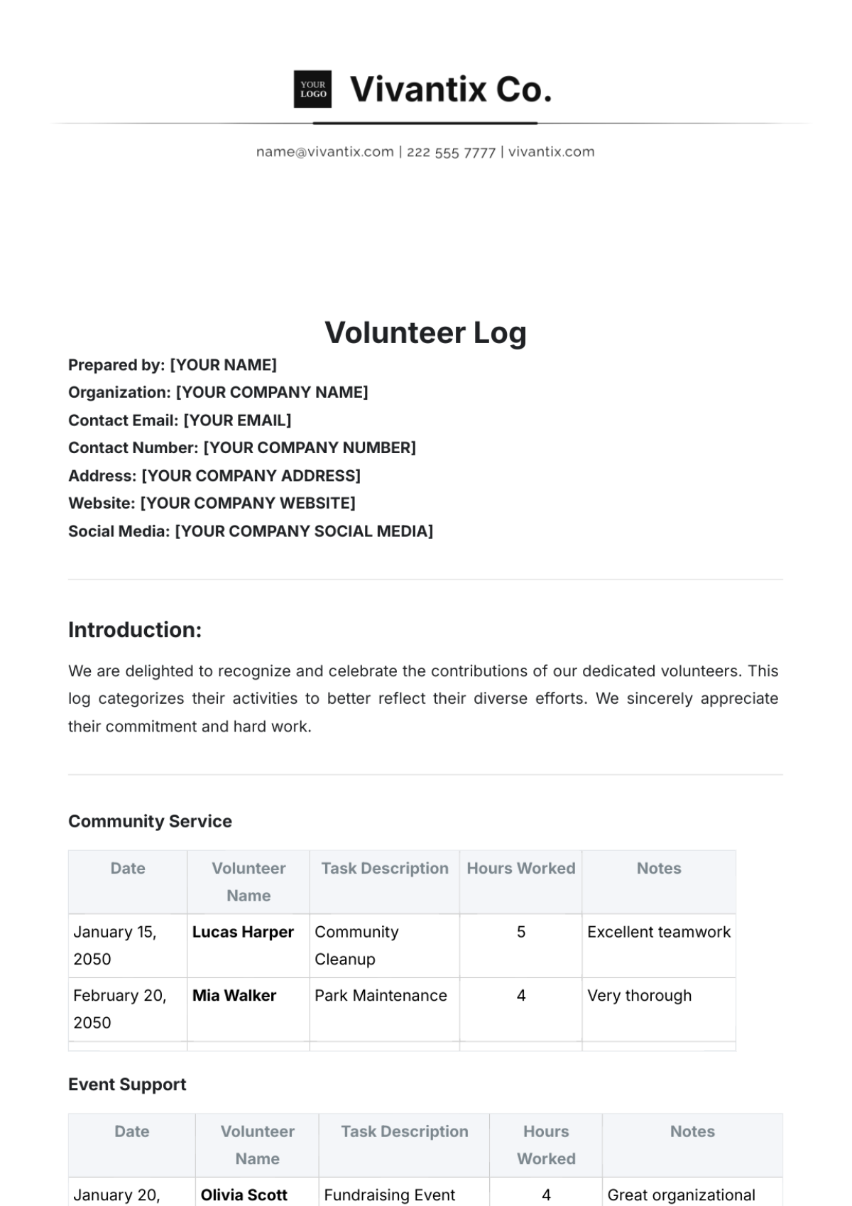 Volunteer Log Template