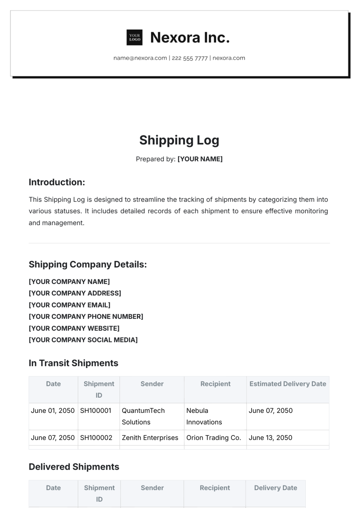 Shipping Log Template