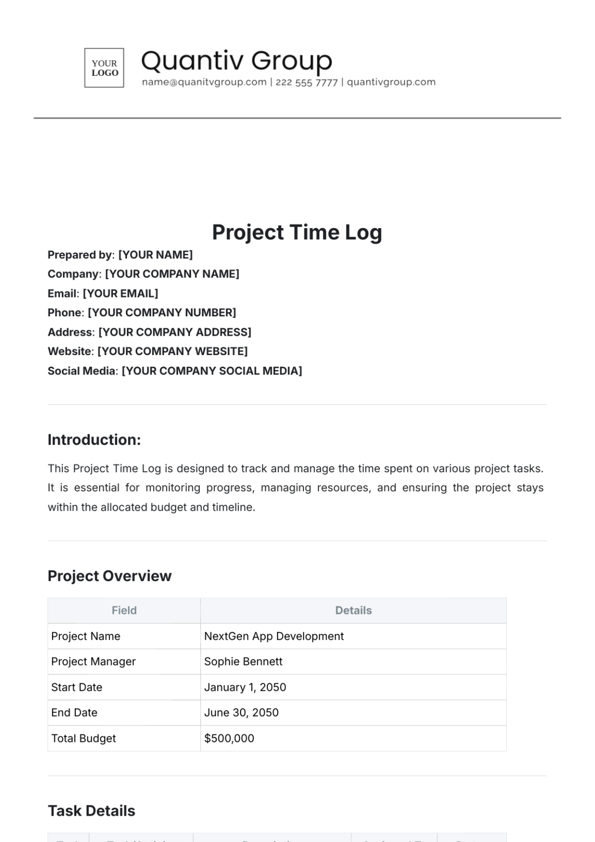 Project Time Log Template