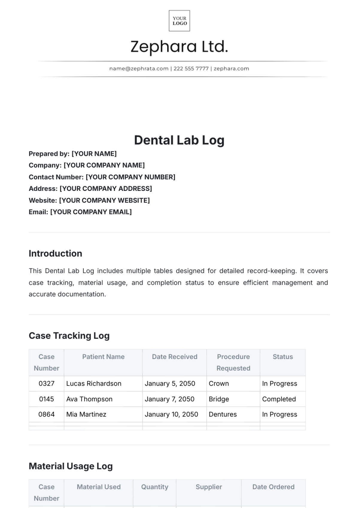 Dental Lab Log Template