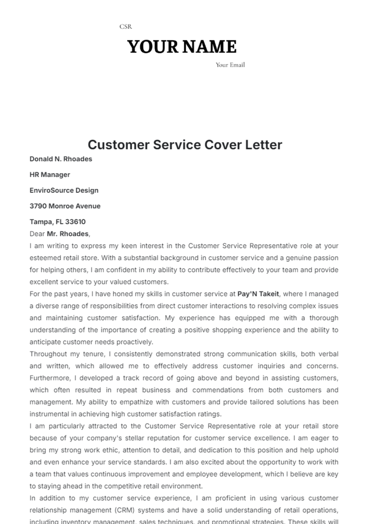 Customer Service Cover Letter Template - Edit Online & Download