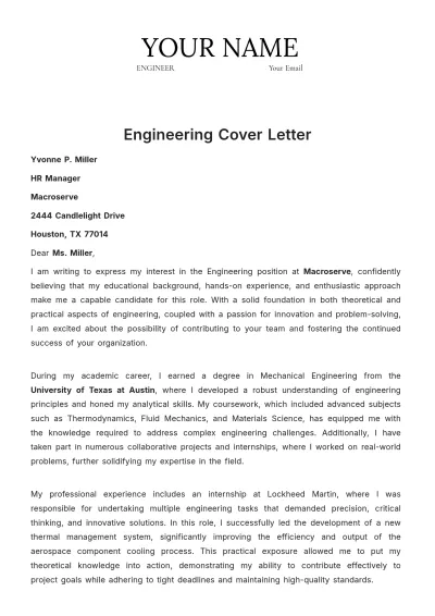 Free Engineering Cover Letter Template to Edit Online