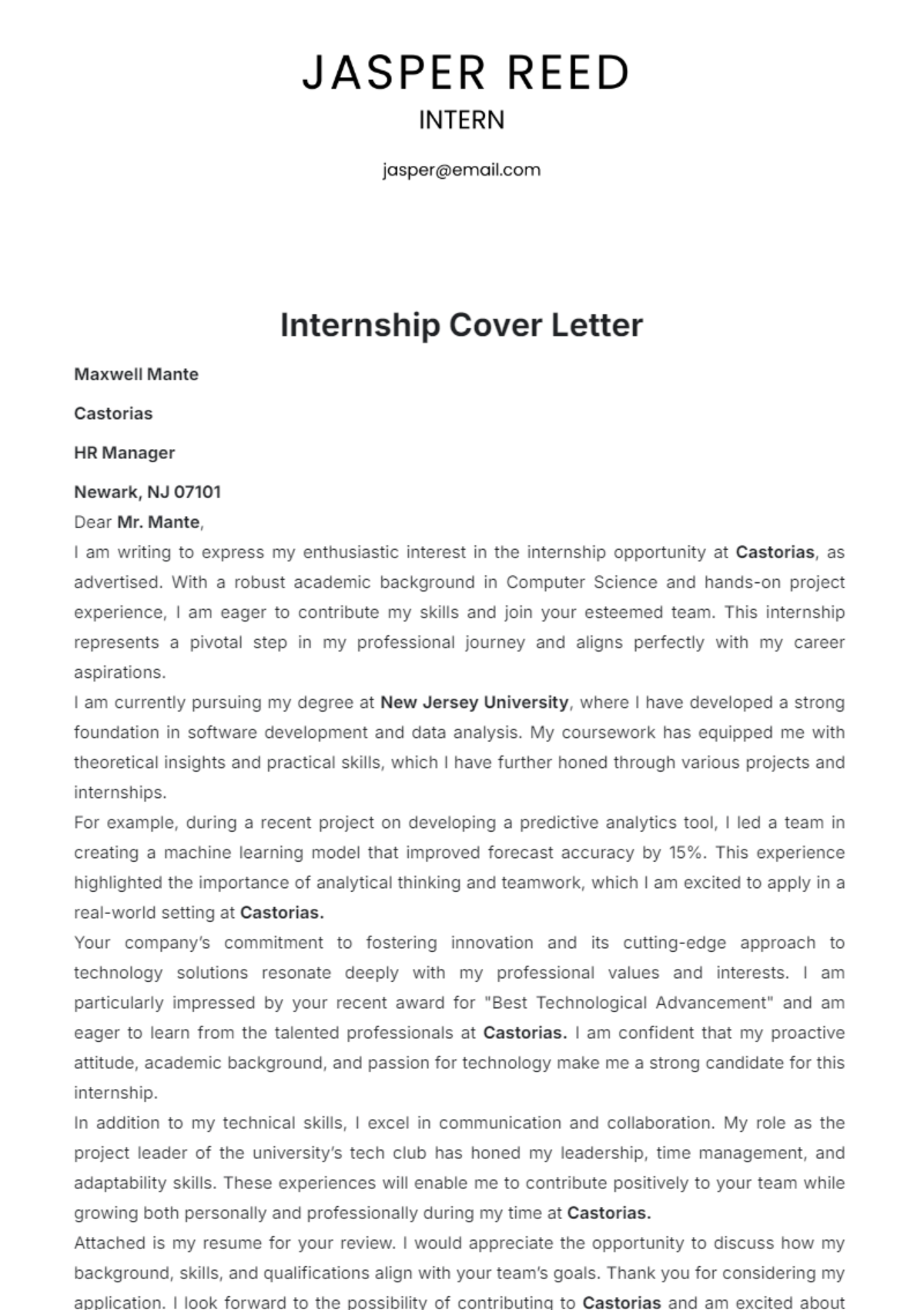 Free Internship Cover Letter Template