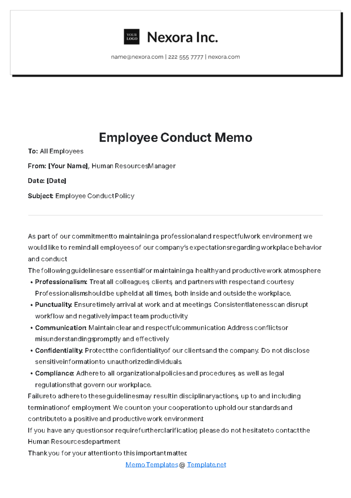 Employee Conduct Memo Template - Edit Online & Download