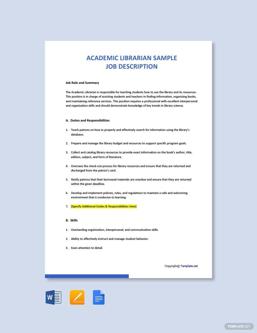 Academic Librarian Sample Job Ad and Description Template