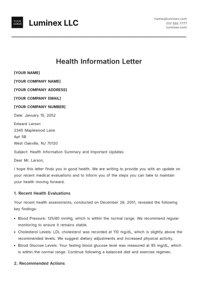 Free Health Information Letter Template to Edit Online