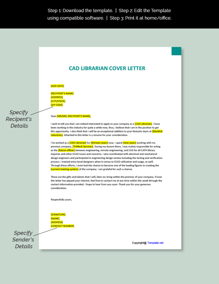 CAD Librarian Cover Letter Template - Google Docs, Word | Template.net