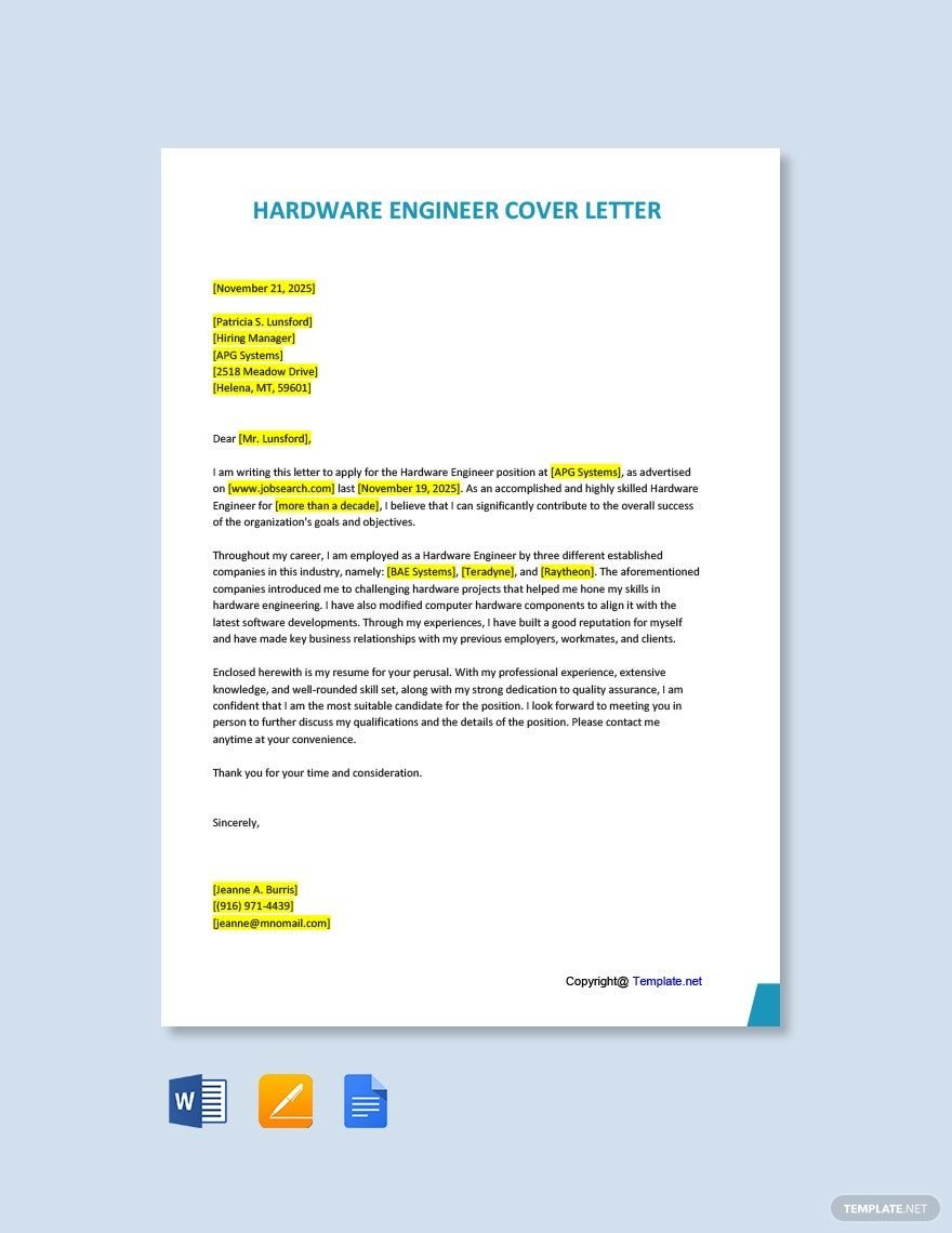 Hardware Engineer Cover Letter