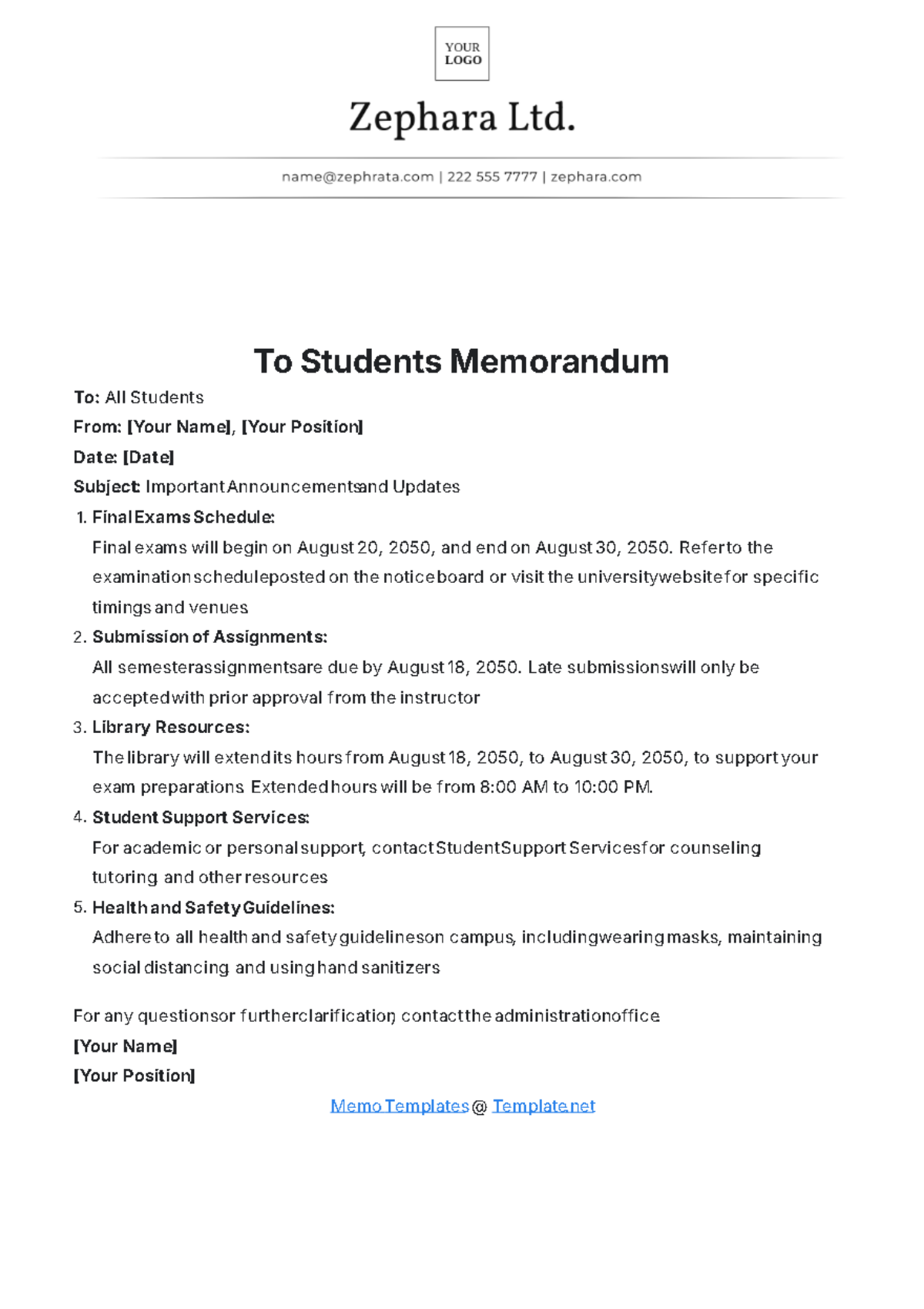 To Students Memorandum Template