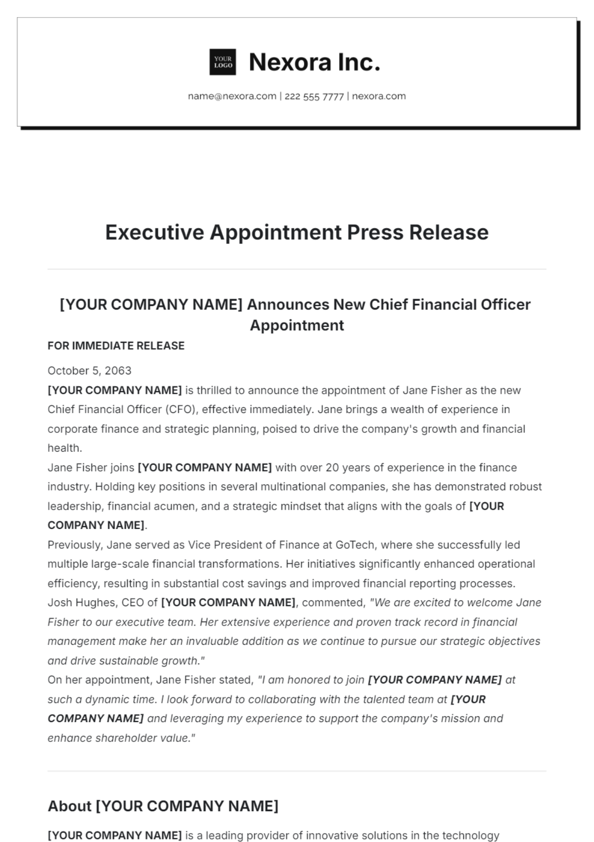 Executive Appointment Press Release Template - Edit Online & Download