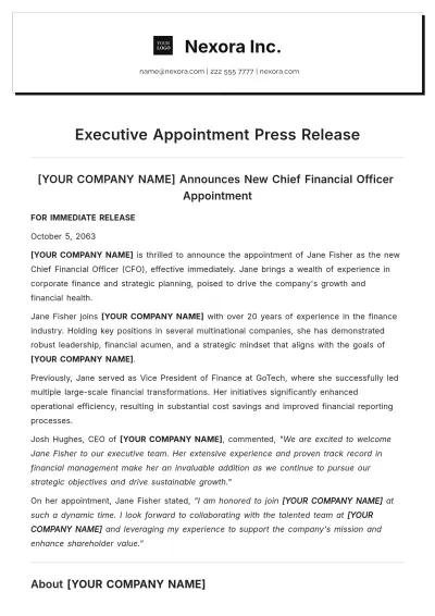 Free Executive Appointment Press Release Template to Edit Online