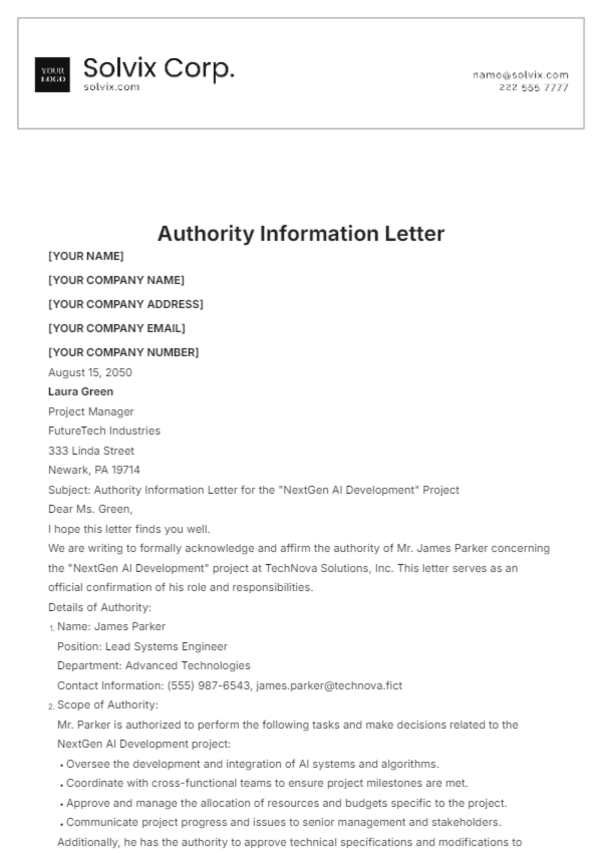 Authority Information Letter Template